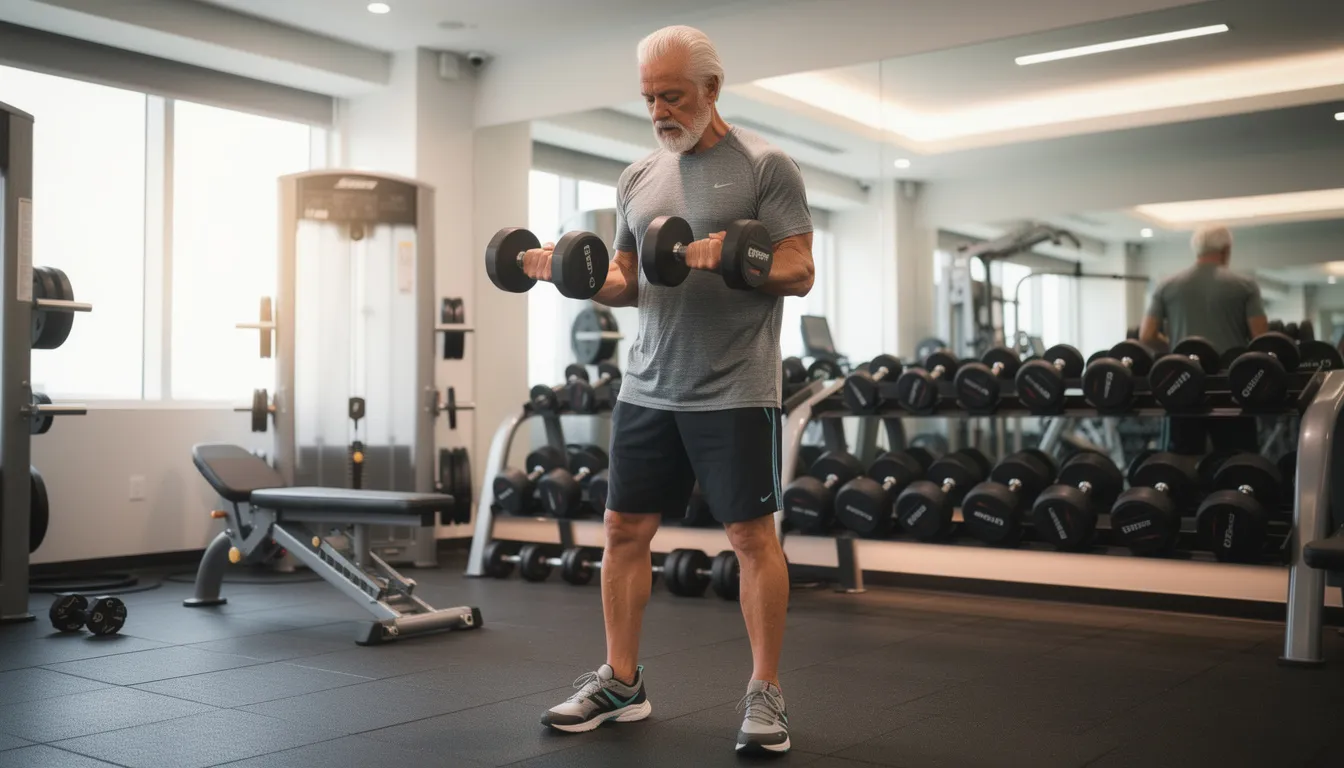 An older adult is engaged in resistance training with dumbbells in a gym, highlighting the importance of exercise for healthy aging and maintaining muscle mass. This scene emphasizes the role of physical activity in supporting overall metabolic health and longevity.