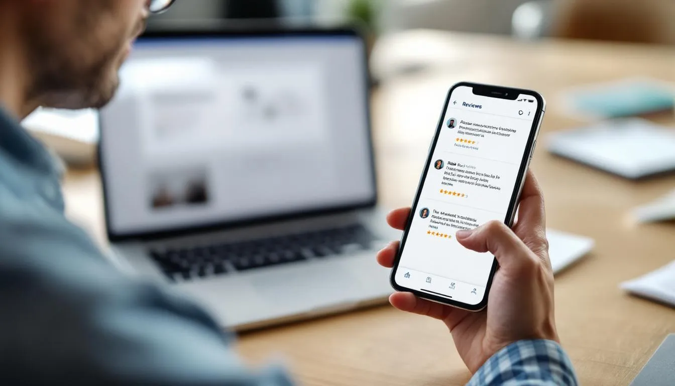 A customer is intently reading online reviews on their smartphone, with several 5-star ratings prominently displayed. This scene highlights the importance of maintaining a strong online presence and positive customer feedback for businesses in today's digital world.