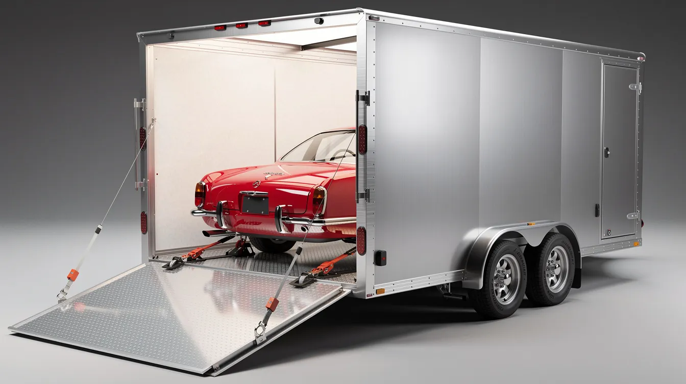 An enclosed aluminum trailer is shown with a classic sports car securely fastened inside, highlighting the importance of reliable car shipping and auto transport services for safely delivering vehicles. This image emphasizes the benefit of enclosed car shipping to protect luxury cars during transport.