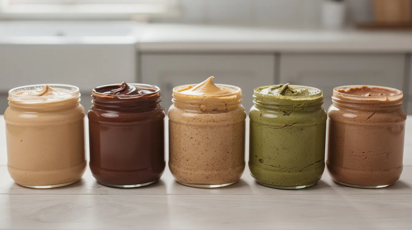 The image features various nut butters displayed in glass jars, showcasing a range of textures and colors, including creamy peanut butter, smooth almond butter, and rich macadamia nut butter. Each jar emphasizes the natural ingredients and health benefits associated with these nut butters, making them suitable for diverse dietary preferences.
