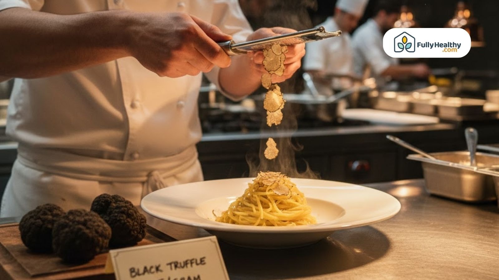 Chef shaving fresh white truffles over hot pasta dish.
