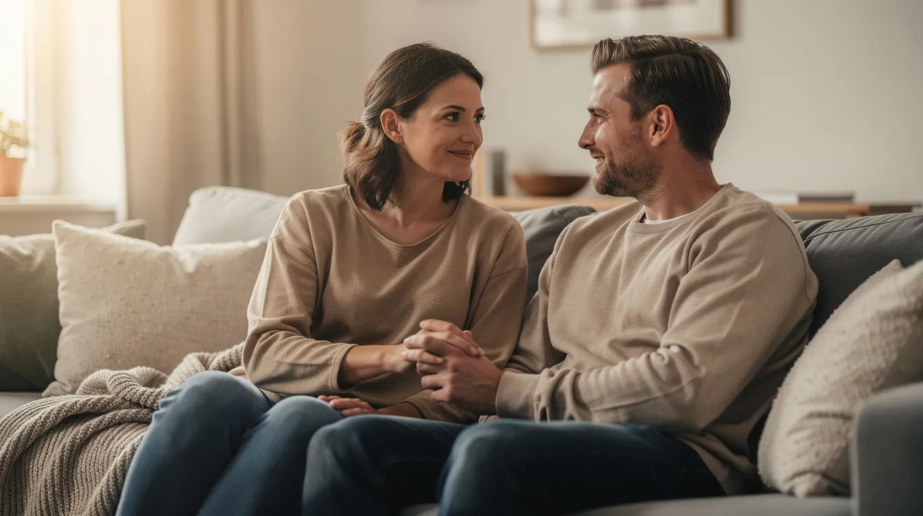 A couple sits closely together on a couch, engaging in a calm and supportive conversation about mental health challenges, specifically focusing on understanding bipolar disorder and how to communicate effectively about treatment options. Their body language reflects empathy and a commitment to maintaining their relationship while navigating the complexities of mood disorders.