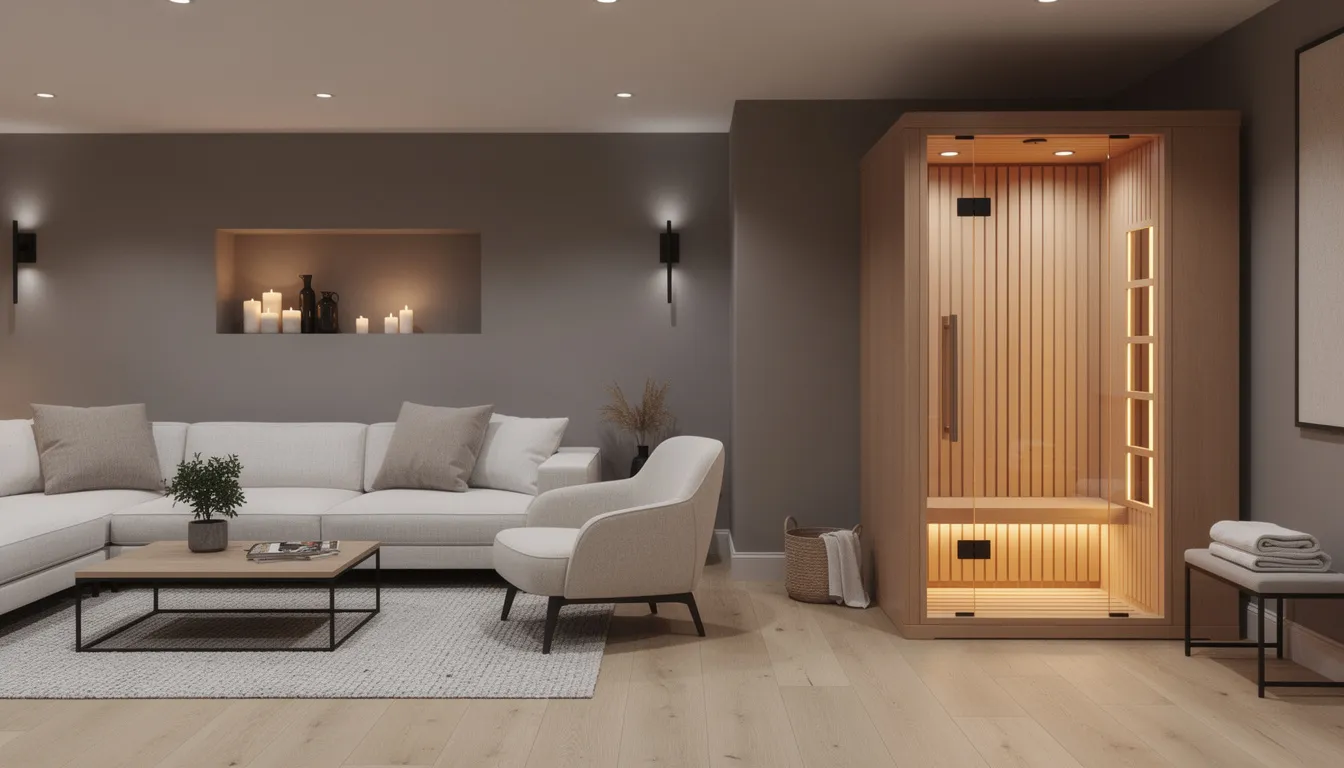 The image depicts a completed basement wellness zone featuring a cozy infrared sauna cabin, a comfortable seating area, and coordinated finishes that enhance the overall aesthetic. This personal sauna space emphasizes proper ventilation and moisture control, creating an inviting atmosphere for relaxation and rejuvenation.