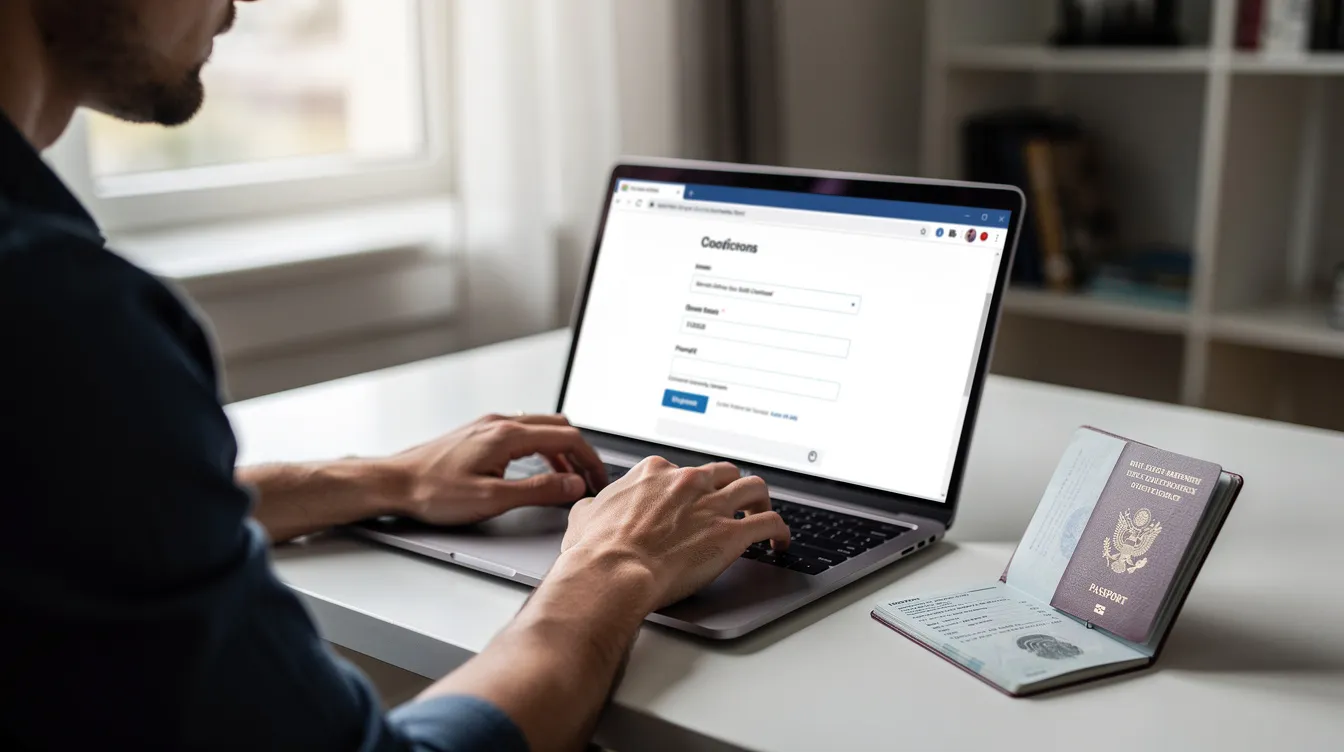A person is seated at a desk with an open laptop, completing an online ESTA application form, while a valid passport is placed beside them. This scene highlights the process of obtaining travel authorization for foreign nationals planning a trip to the USA under the visa waiver program.