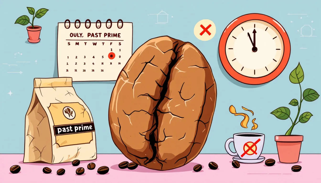 A visual guide showing signs that coffee beans are past their prime, including stale beans and faded packaging.