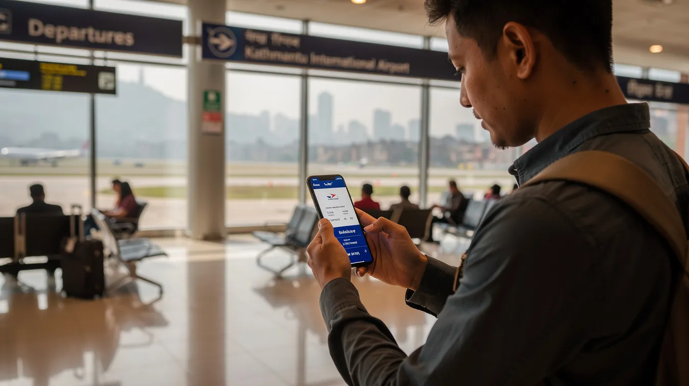 A traveler at Kathmandu airport is using a smartphone to check flight booking confirmations, showcasing the convenience of mobile banking and digital payments. The scene reflects the growing popularity of mobile wallets in everyday life, allowing users to manage their travel arrangements effortlessly.