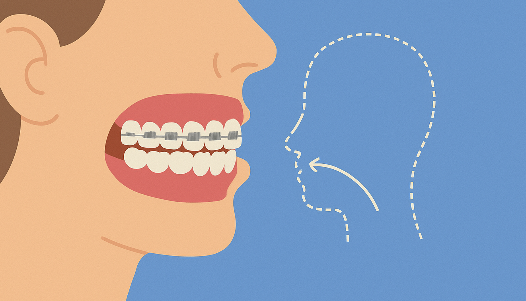 Illustrasjon av overbitt med tannregulering, profilbilde og pil som viser justering før tannbehandling.