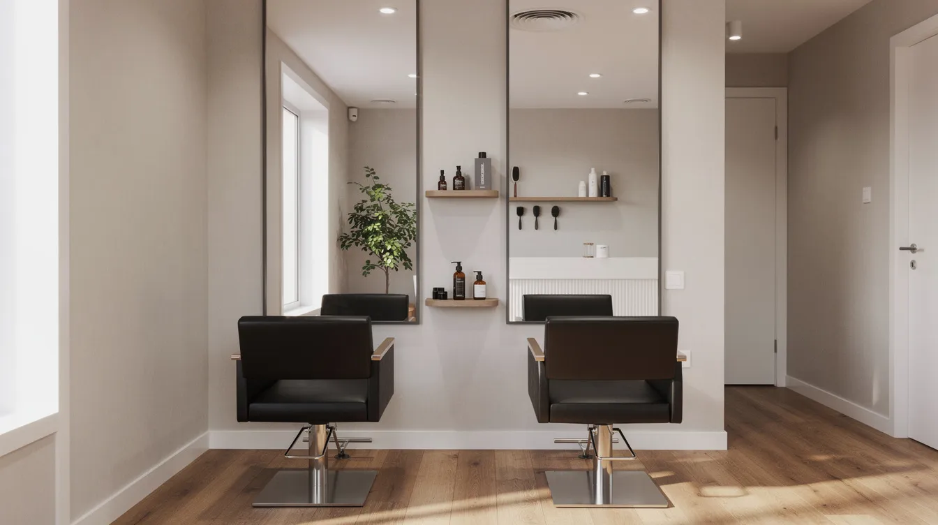 bd90bc57 bc5f 41a4 9607 cdfc301fa773 The image depicts a small salon interior featuring neatly arranged styling chairs and mirrors, all in a clean and well-lit environment, ideal for providing services to clients. This setting reflects the essence of a micro enterprise, showcasing the potential for business activities supported by the Mudra loan project.