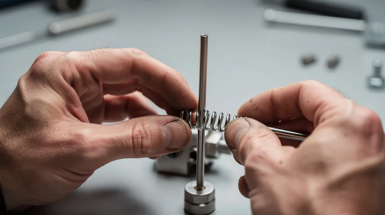 The image shows a person's hands carefully adjusting a small mechanical device designed for penile traction therapy, featuring a spring and rod system. This quick extender device is used for controlled traction, aiming to achieve modest improvements in penis size through consistent use with medical-grade materials.