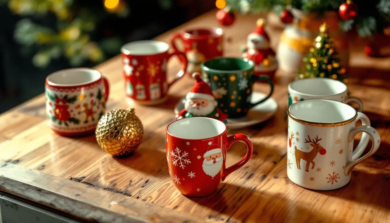 Na drewnianym stole ułożone są eleganckie kubki świąteczne z różnymi motywami bożonarodzeniowymi, które tworzą wyjątkowy klimat świąt. Wśród nich można dostrzec kubki z nadrukami choinek i śnieżynek, idealne na gorącą czekoladę lub herbatę w zimowy dzień.