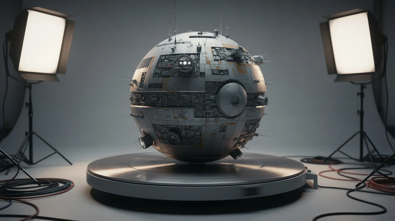 Das Bild zeigt ein detailliertes Miniaturmodell einer kugelförmigen Raumstation, die auf einem Drehteller in einem Filmstudio präsentiert wird. Im Hintergrund sind Studiobeleuchtung und technische Ausrüstung zu sehen, die an die beeindruckenden Kulissen der Star Wars-Saga erinnern.