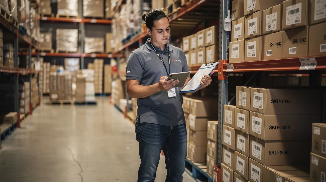 A small retail shop owner is seen checking inventory in a warehouse setting, surrounded by shelves filled with various products. The atmosphere is organized, reflecting the owner's attention to detail and management of stock.