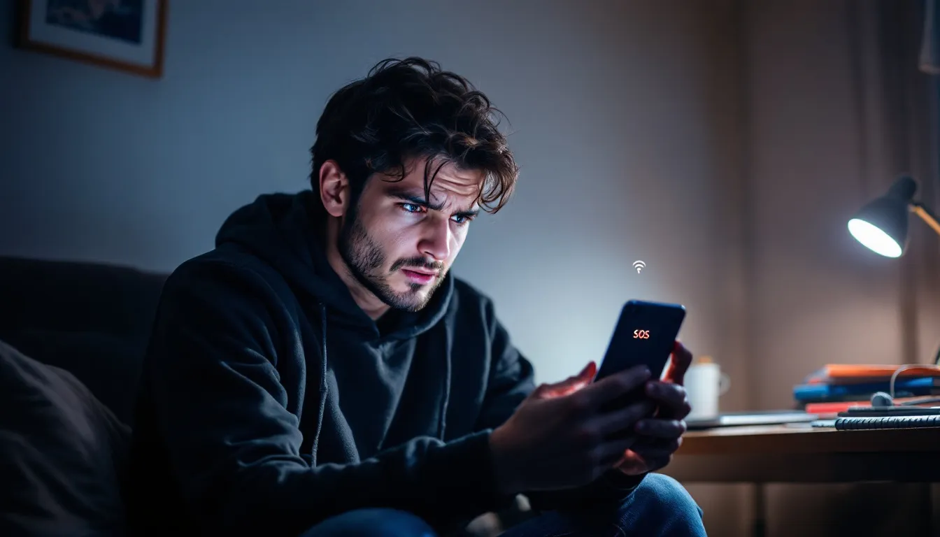 A person is looking at their phone screen, which displays an SOS signal in the status bar, indicating that they are in SOS mode and may need to make emergency calls due to potential service issues with their cellular network. This situation could affect Verizon customers, particularly if they are experiencing outages in their current location.
