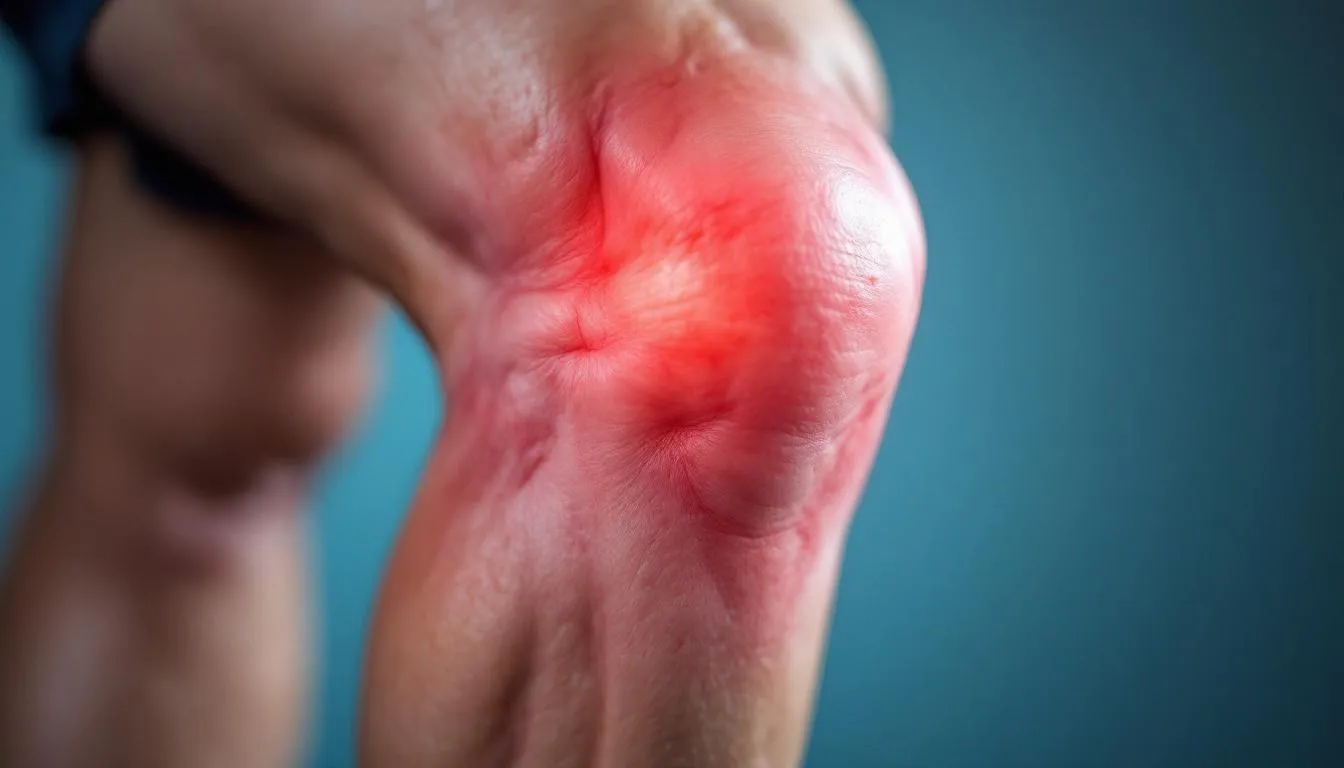 The image shows a close-up view of a swollen knee joint, highlighting inflammation and fluid-filled swelling, which can be associated with conditions like rheumatoid arthritis or knee injuries. This visual representation emphasizes the pain and discomfort often experienced in the affected knee, illustrating the complexities of managing chronic knee pain.