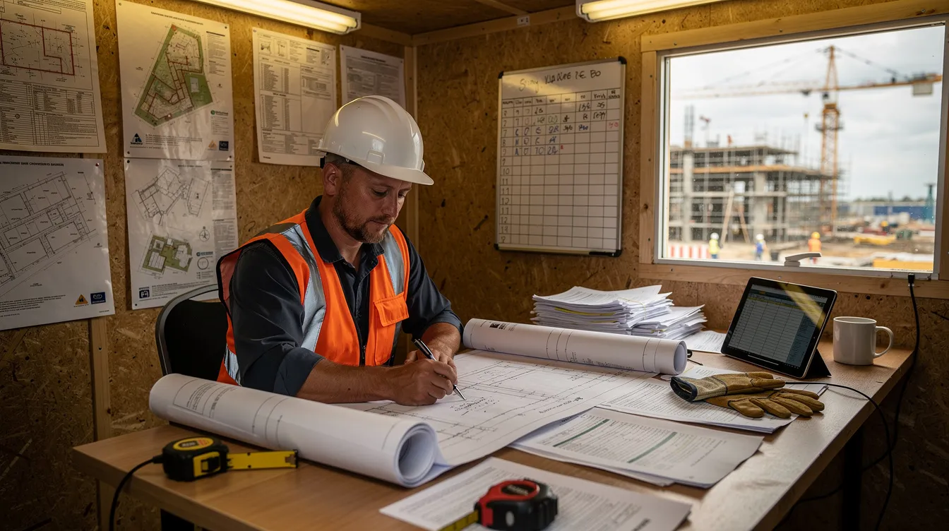 Construction supervisor reviewing plans and paperwork inside a jobsite trailer.