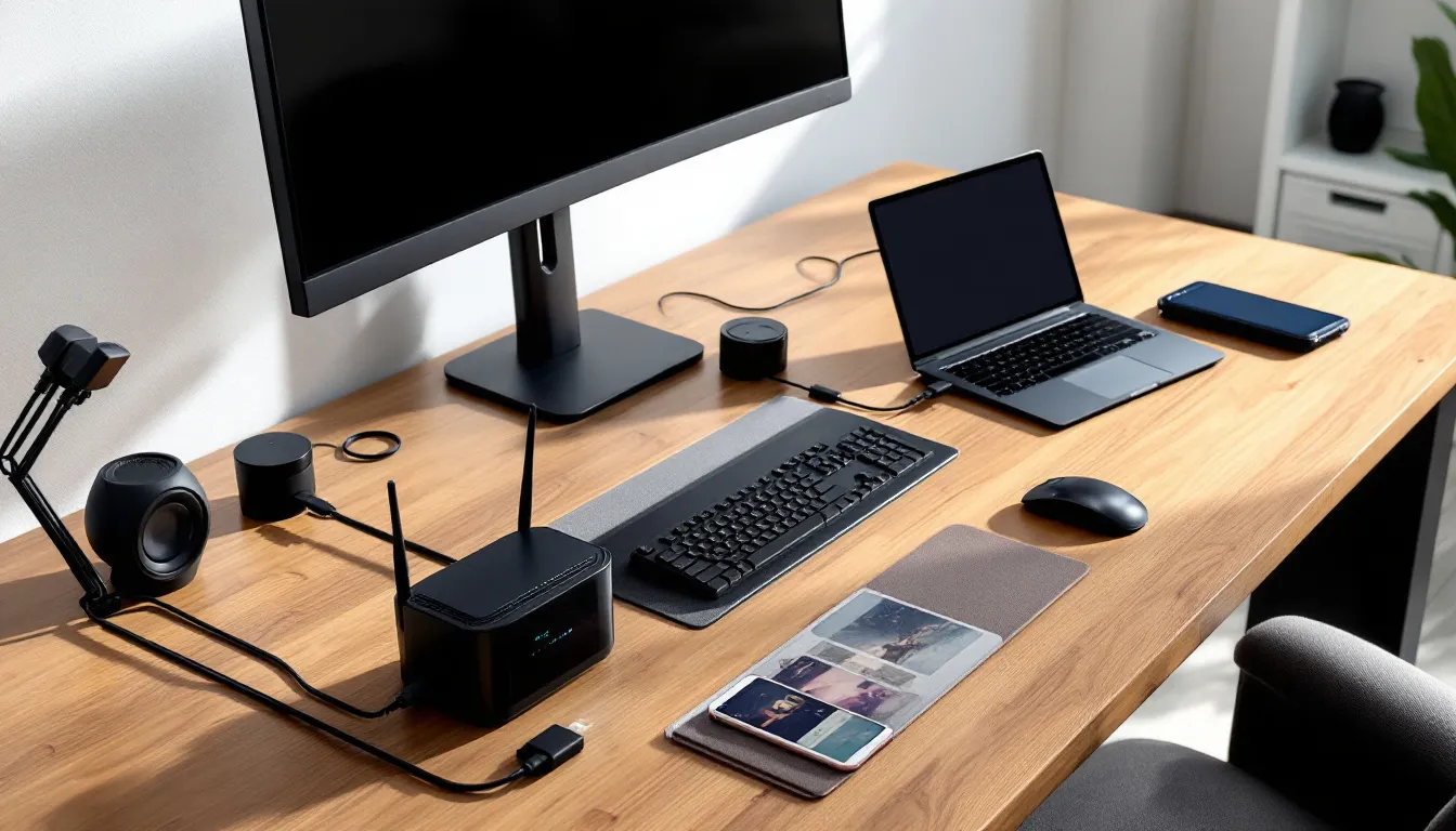 The image depicts a modern home office setup featuring multiple devices, including a computer and a cell phone, all connected to a high-speed internet network, likely utilizing a Verizon gateway or Wi-Fi router. This efficient arrangement highlights the importance of reliable internet service for tasks like video conferencing and gaming, ensuring optimal download and upload speeds.