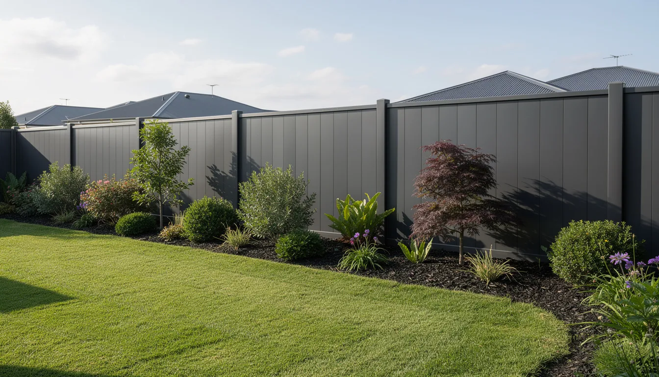 The image showcases a modern Colorsteel panel fence in a residential suburb, surrounded by a tidy lawn and an established garden, highlighting the aesthetic appeal and low maintenance of this fencing option. This stylish fence serves as a durable boundary for the property, enhancing curb appeal and offering a cost-effective solution for homeowners considering their fencing project.