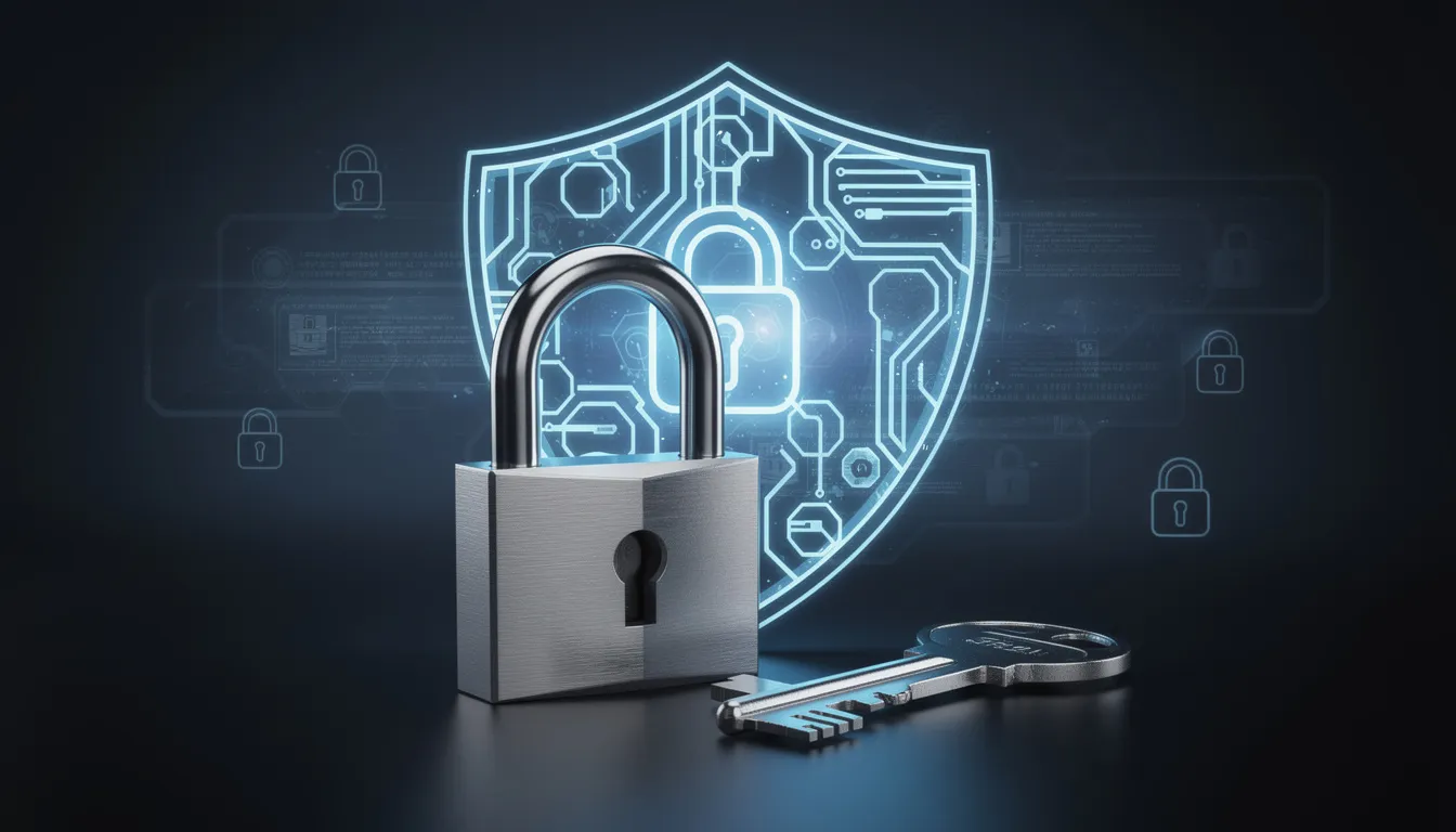 The image features a digital security symbol alongside a padlock, representing concepts of online safety and protection. The design emphasizes the importance of safeguarding digital information.
