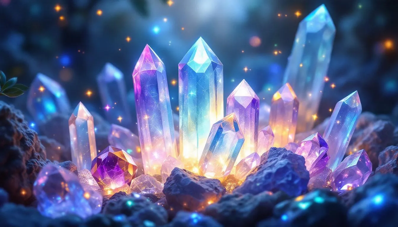 Clear quartz crystals, known as the master healer, reflecting light beautifully.