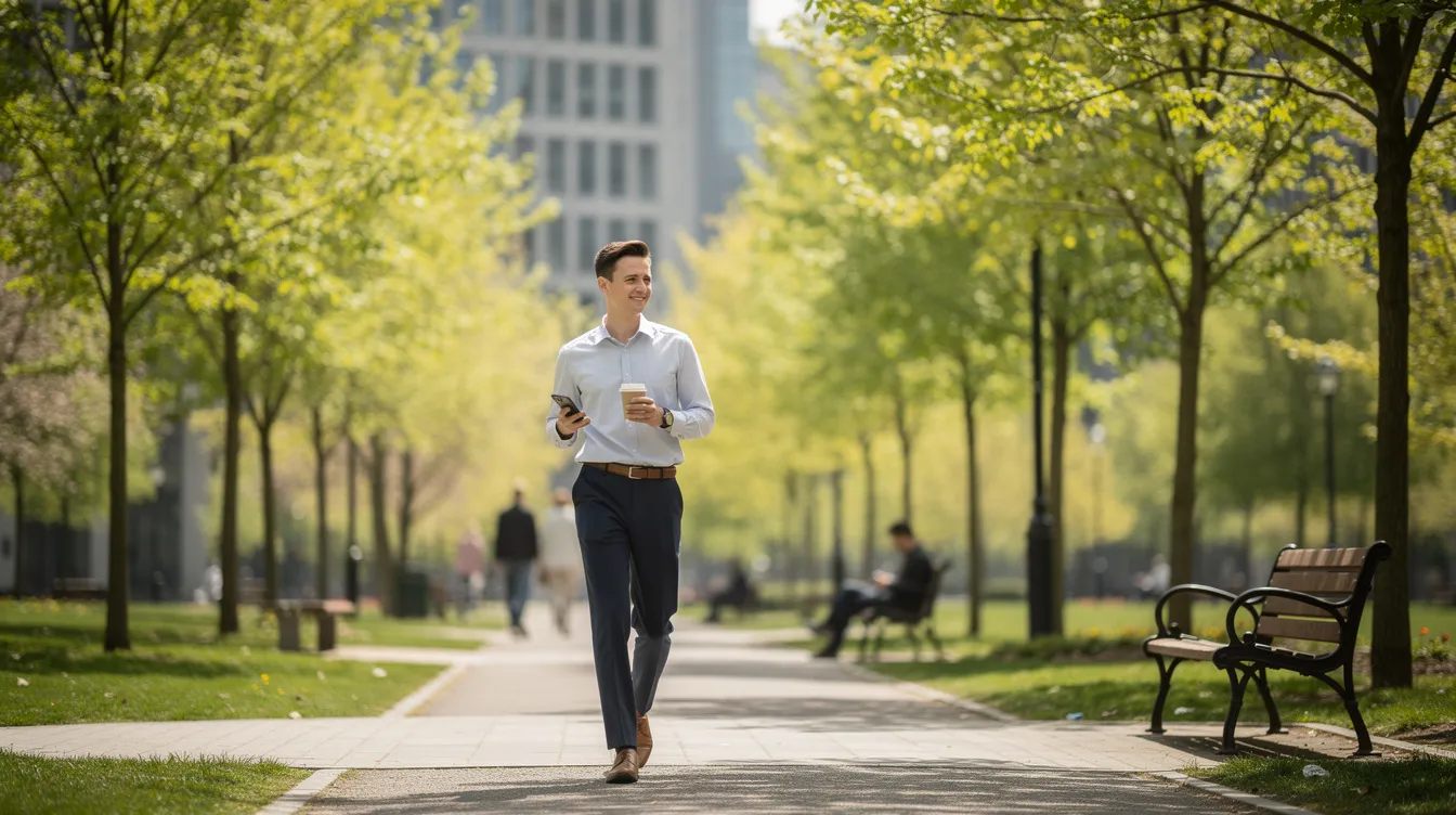 Une personne marche dans un parc pendant une pause de travail, profitant d'un moment de bien-être pour gérer ses émotions et réduire le stress lié au milieu professionnel. Ce moment de détente est essentiel pour maintenir un équilibre entre vie personnelle et travail.