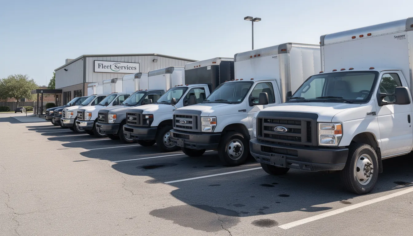 The image depicts a row of commercial work trucks and vans parked at a business lot, showcasing various eligible vehicles that small businesses might utilize for business purposes. These vehicles, which may include pickup trucks and light trucks, can potentially qualify for tax deductions and benefits under section 179 and other tax rules.