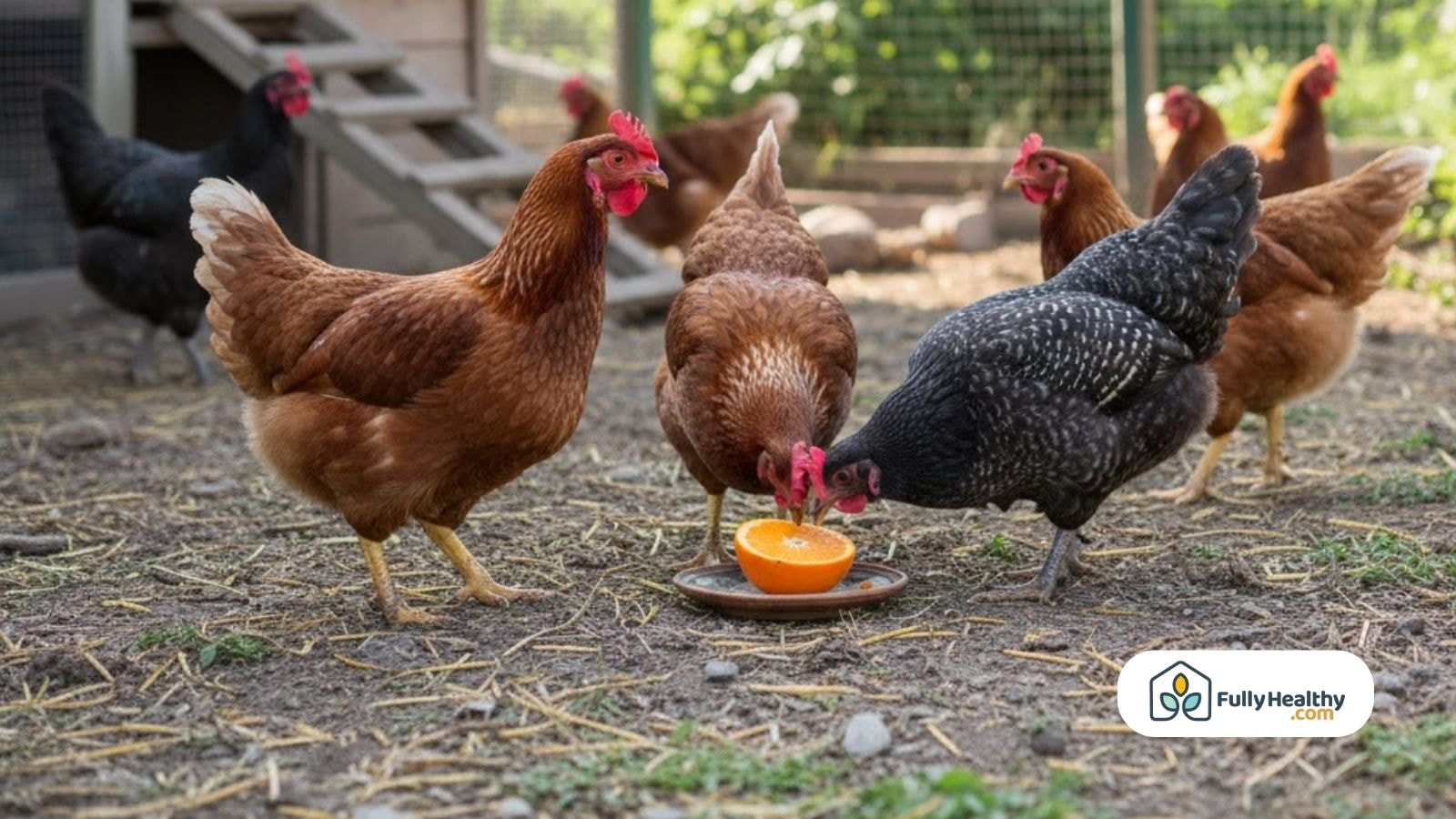 Chickens pecking at half an orange served on a dish