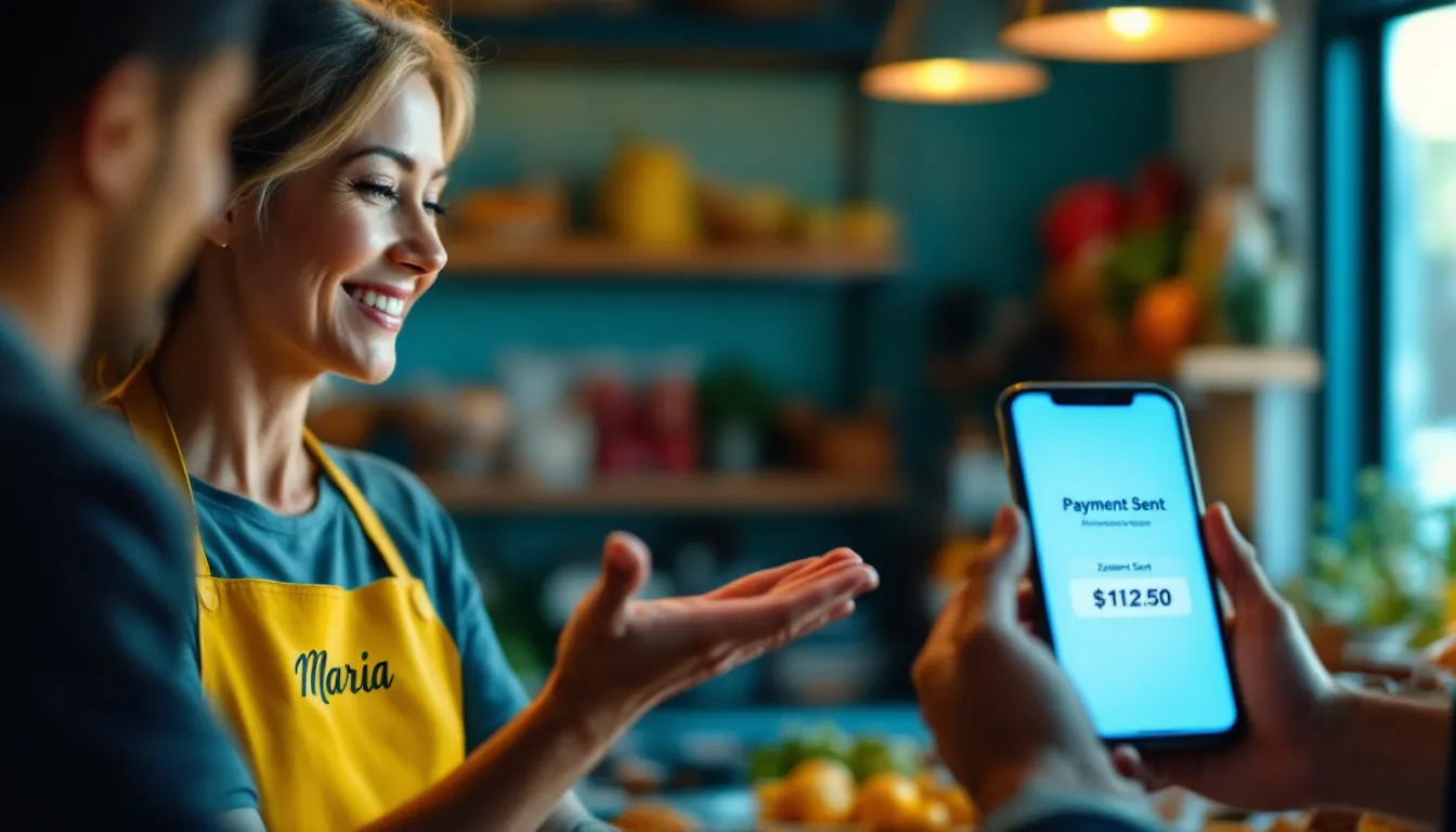 In the image, a small business owner and a customer are both smiling while holding their smartphones, indicating a successful transaction completed using the mobile payment platform Zelle. This interaction highlights the ease of sending and receiving money with Zelle, making it convenient for small businesses to accept payments directly through their bank accounts.
