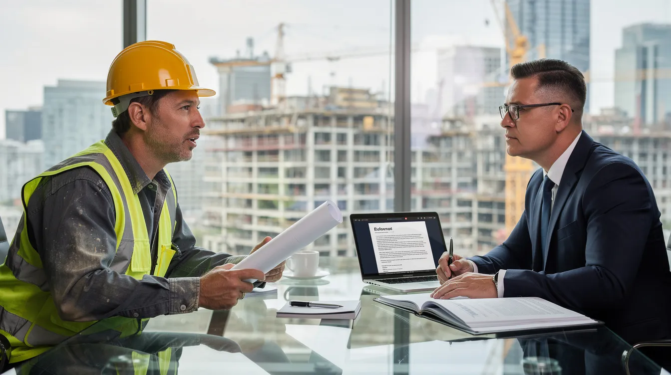 The image depicts a construction worker engaged in conversation with a legal professional, discussing important aspects of a workers compensation claim. They are likely addressing issues related to work injuries, financial compensation, and the mediation process to resolve legal disputes efficiently.