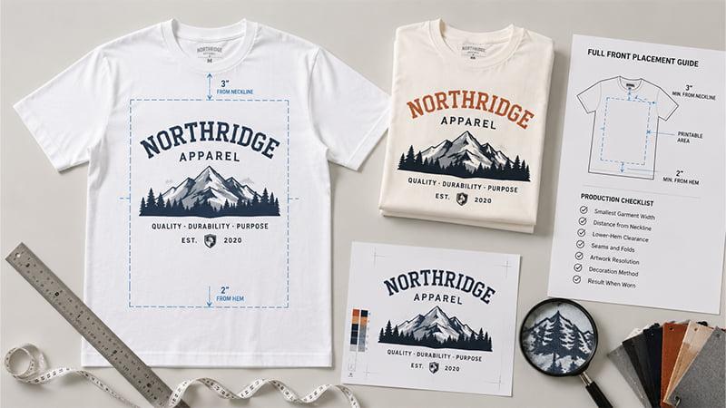 Full front T-shirt logo placement with neckline, hem and printable area measurements