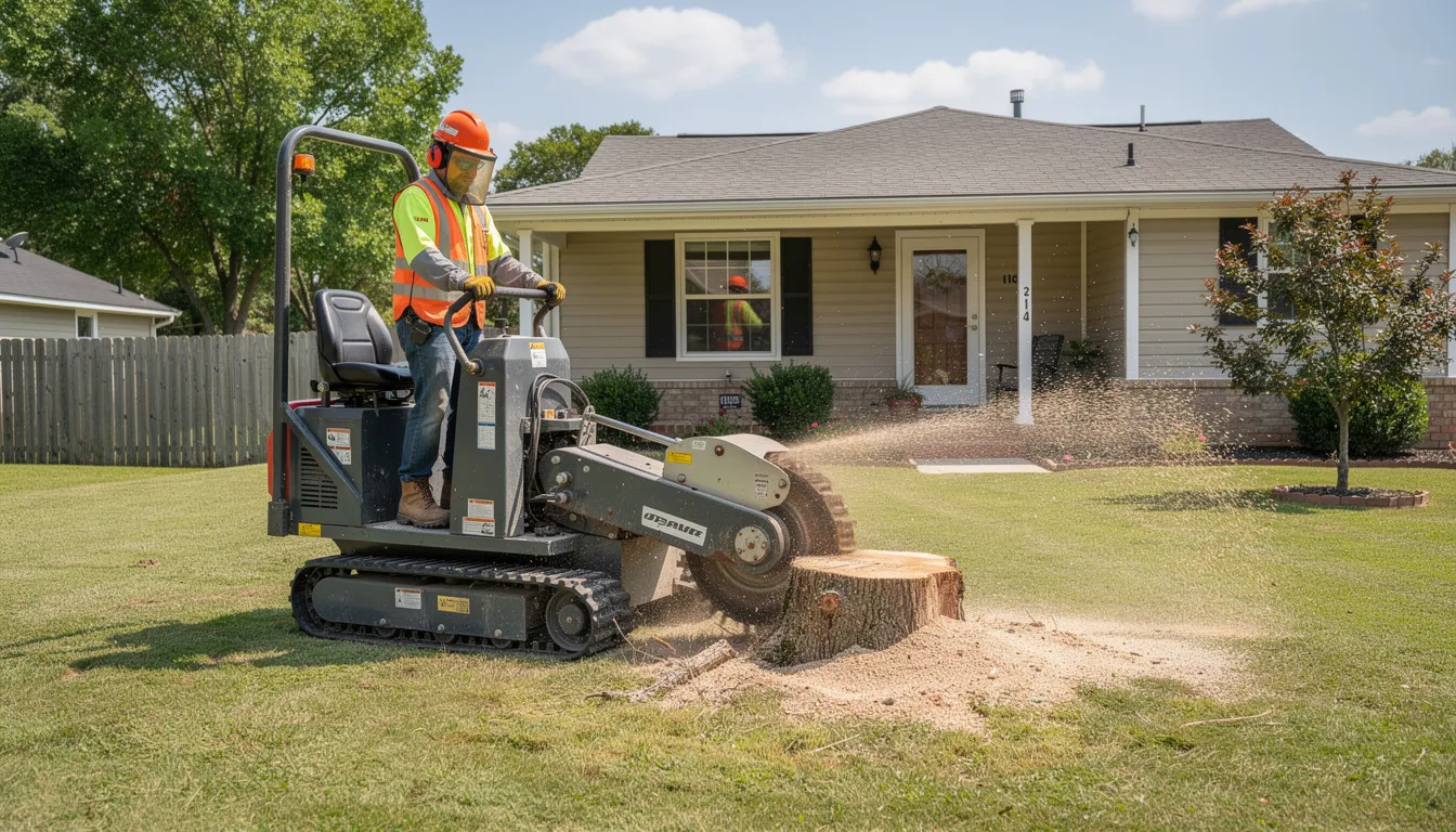 A tracked stump grinding machine is being operated by a professional wearing safety gear on a residential property, efficiently grinding a large tree stump to ground level. This stump grinding process not only enhances the surrounding landscape but also eliminates potential safety hazards associated with unsightly stumps.