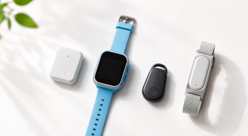 Four types of GPS tracking devices for kids, standalone tracker, smartwatch, clip-on, and wristband