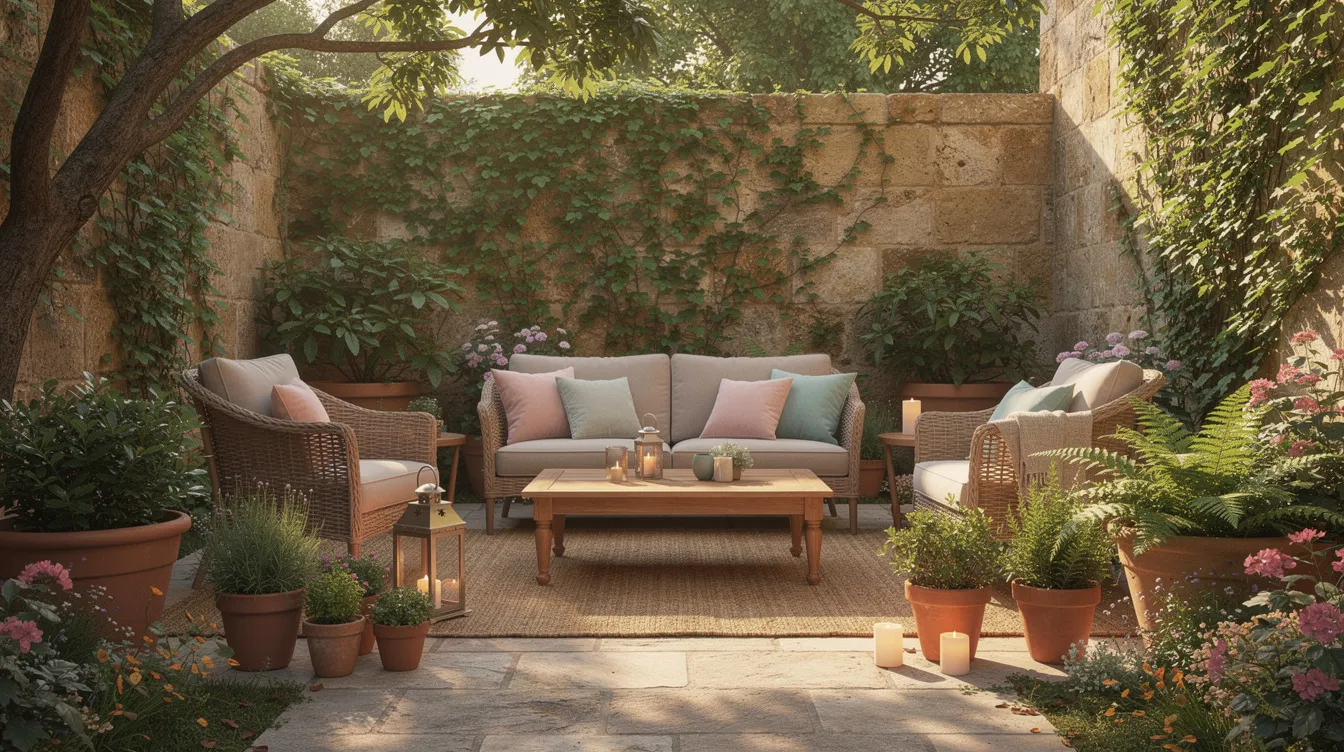 The image depicts a serene garden courtyard featuring comfortable seating areas nestled among lush greenery, creating a safe space for individuals to relax and engage in trauma informed activities that promote mental health and emotional regulation. This tranquil environment encourages supportive relationships and self-expression, essential for coping with adverse childhood experiences and building resilience.