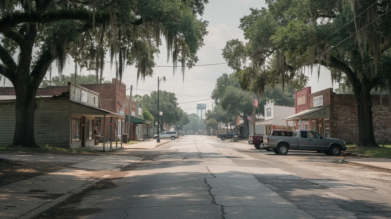 The image depicts a serene rural Louisiana town featuring a tree-lined Main Street, evoking a sense of tranquility and small-town charm. This setting could represent the community where residents may navigate complex rules related to social security disability claims and seek support for their disability benefits.