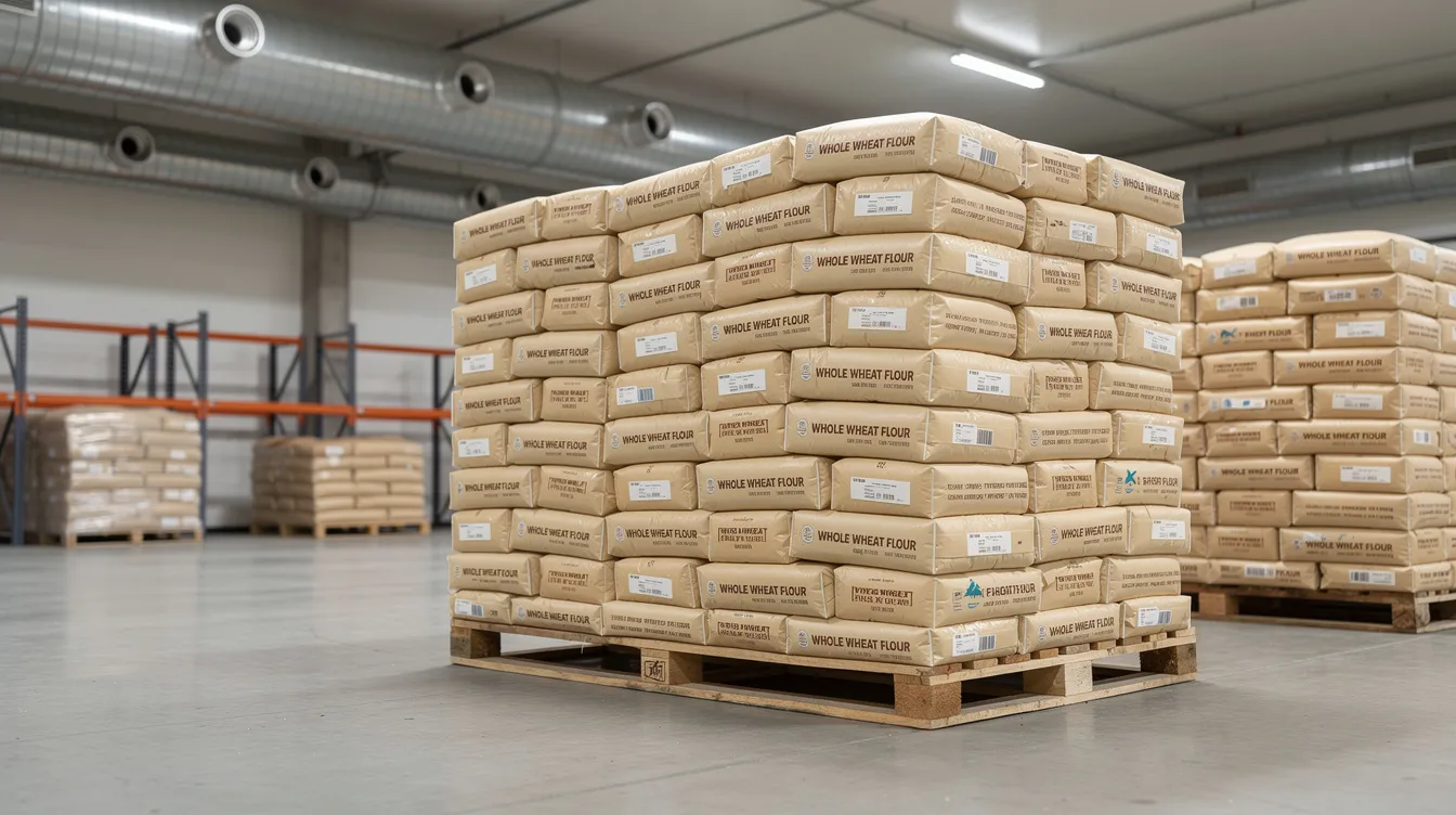 bdaef2e8 1d69 4952 9cc2 295f02f3a621 The image shows neatly stacked bags of whole wheat flour in a clean warehouse, with pallets arranged around them and visible ventilation systems, highlighting the organized environment of the wheat flour manufacturing process. The scene reflects the quality control and efficiency of the milling industry, showcasing the packaged wheat flour ready for distribution.