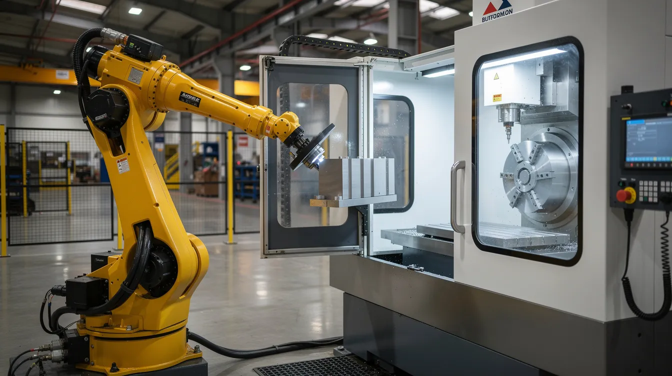 An industrial robotic arm efficiently loads a metal workpiece into a 5-axis CNC machining center, showcasing advanced technology in the machining process. This scene highlights the precision machining capabilities essential for producing complex parts in various industries, including aerospace and automotive.