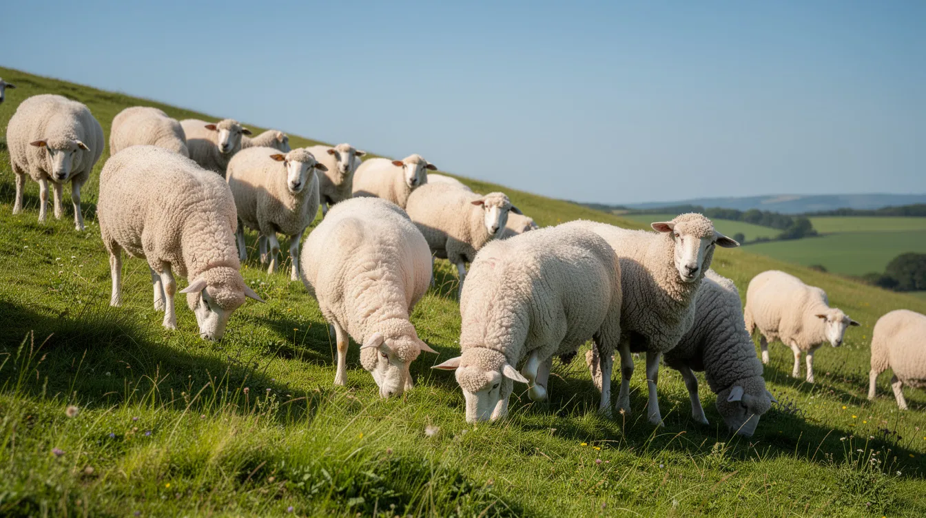 A flock of fine-wool Merino sheep grazes peacefully on a lush green hillside under a clear sky, showcasing the soft and durable nature of merino wool. These sheep are known for their high-quality wool fibers, which are ideal for creating comfortable garments and outdoor apparel.