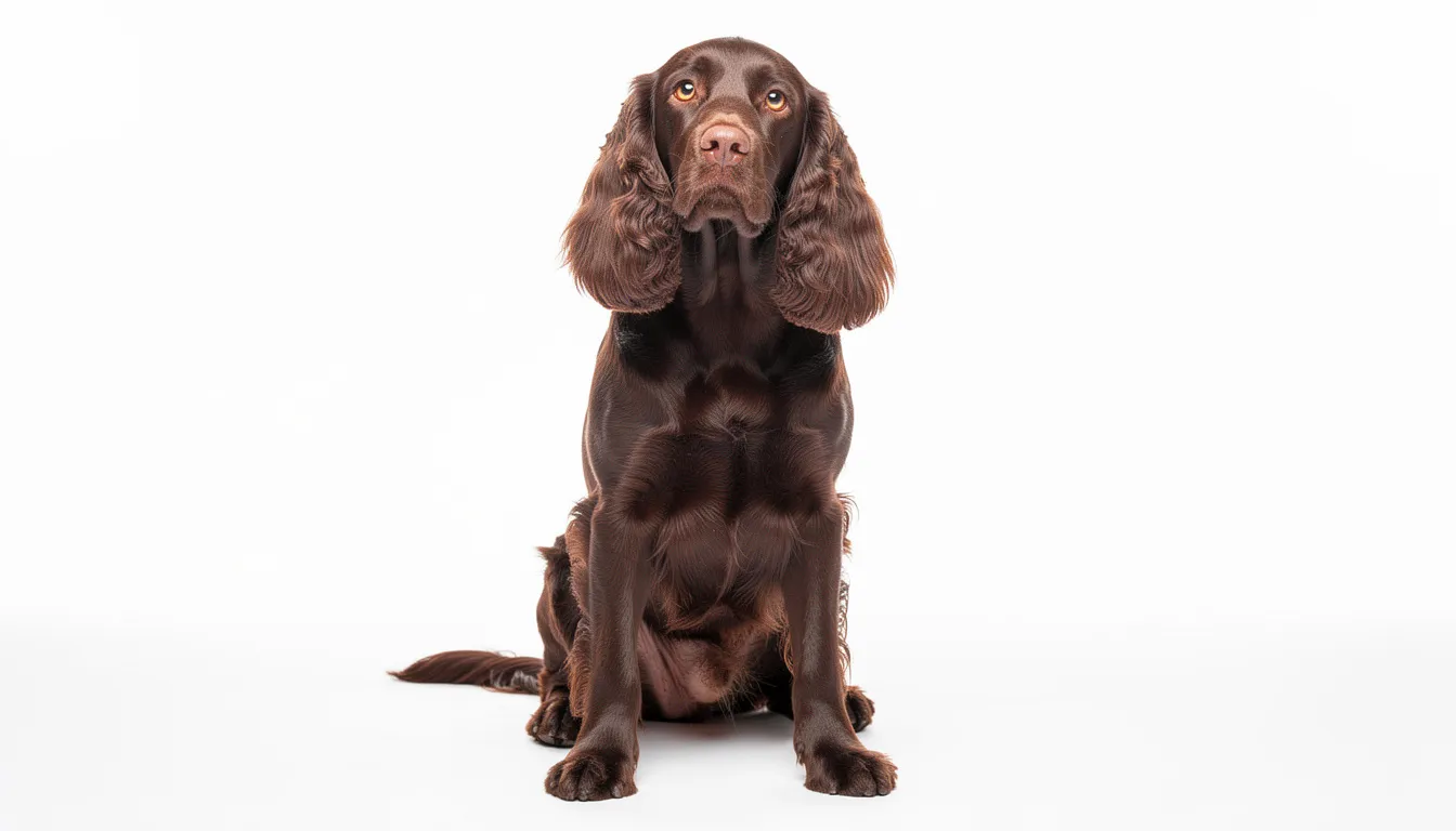 A realistic portrait of an adult Field Spaniel with a silky coat and floppy ears is set against a white background, showcasing the breed's affectionate nature and medium size. This image highlights the Field Spaniel's unique features, making it ideal for the grooming needs section, emphasizing the importance of regular brushing and care for this rare breed.