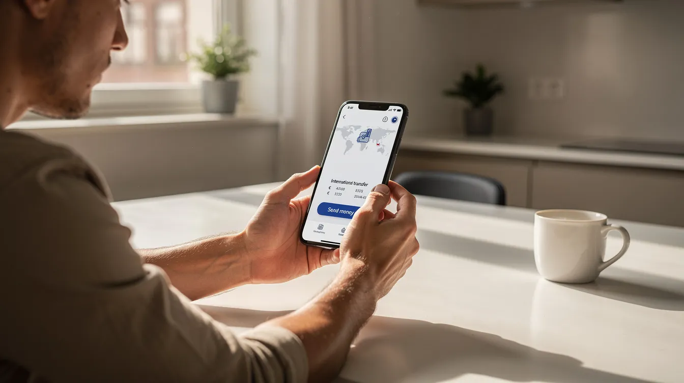 The image shows a person sitting at a kitchen table, focused on their smartphone as they initiate an international money transfer. The scene suggests a secure and convenient way to send money, potentially using an ace money transfer promo code for added benefits.