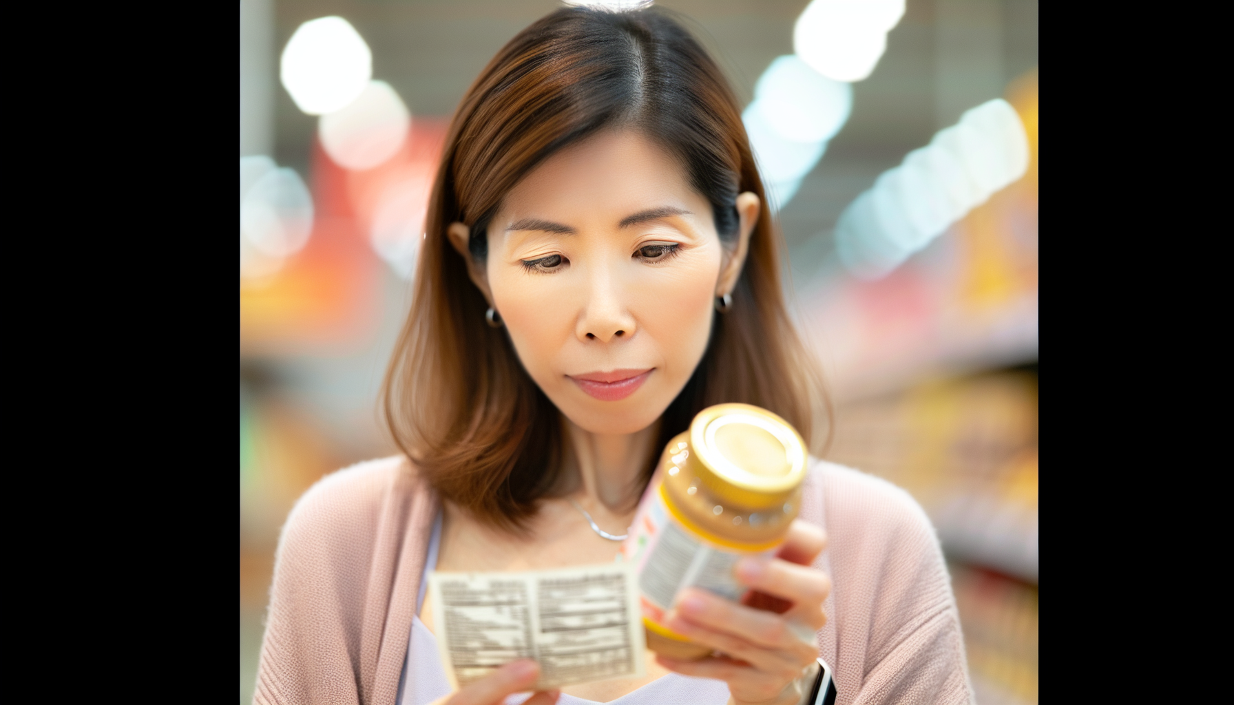 Stylized woman reading food labels for dietary restrictions