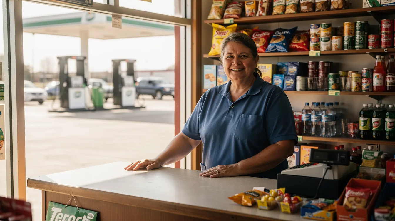 A small business owner stands behind the counter of a local convenience store featuring a lot of stuff for sale, with a fuel court block visible through the window. The owner appears focused and professional, providing valuable services to the community while managing transactions and customer interactions.