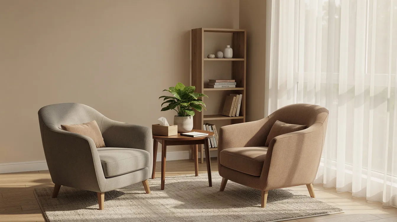 The image depicts a serene therapy office filled with natural light, featuring comfortable seating and a potted plant on a side table, creating a welcoming environment for individuals seeking behavioral health therapy to address mental health concerns. This space is designed to promote well-being and support effective coping skills in a calming atmosphere.