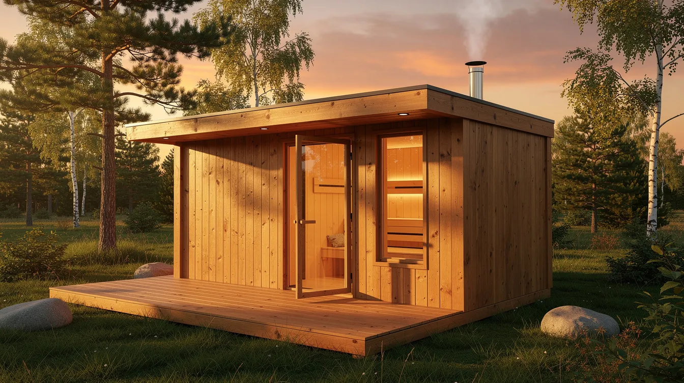 The image features a beautiful wooden outdoor sauna cabin bathed in the warm golden light of sunset, surrounded by nature. This serene setting highlights the benefits of sauna sessions, even in summer heat, promoting relaxation and wellness.