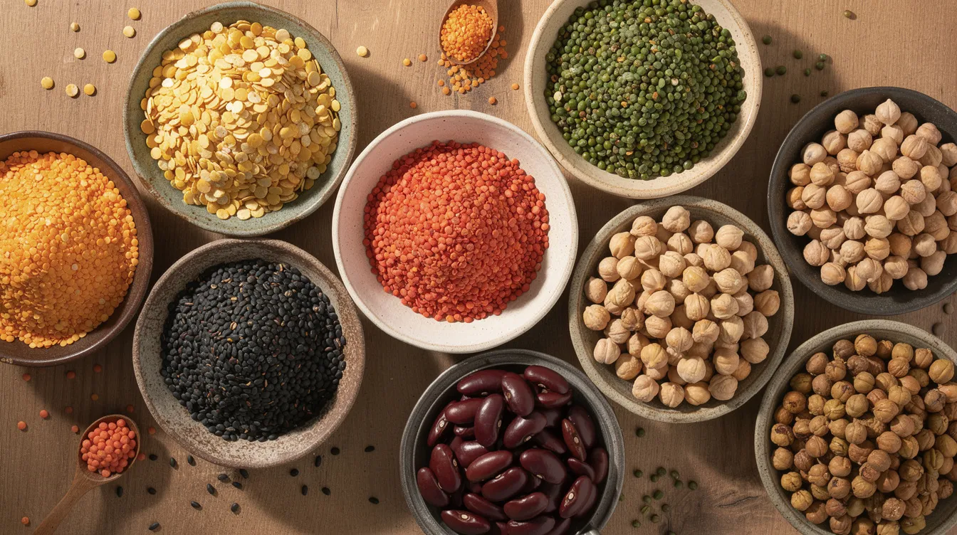 The image displays various types of cleaned and graded pulses beautifully arranged in bowls on a rustic wooden surface, showcasing the quality and diversity of these food grains. This presentation highlights the efficient cleaning and grading process that ensures the best quality material for customer demand.