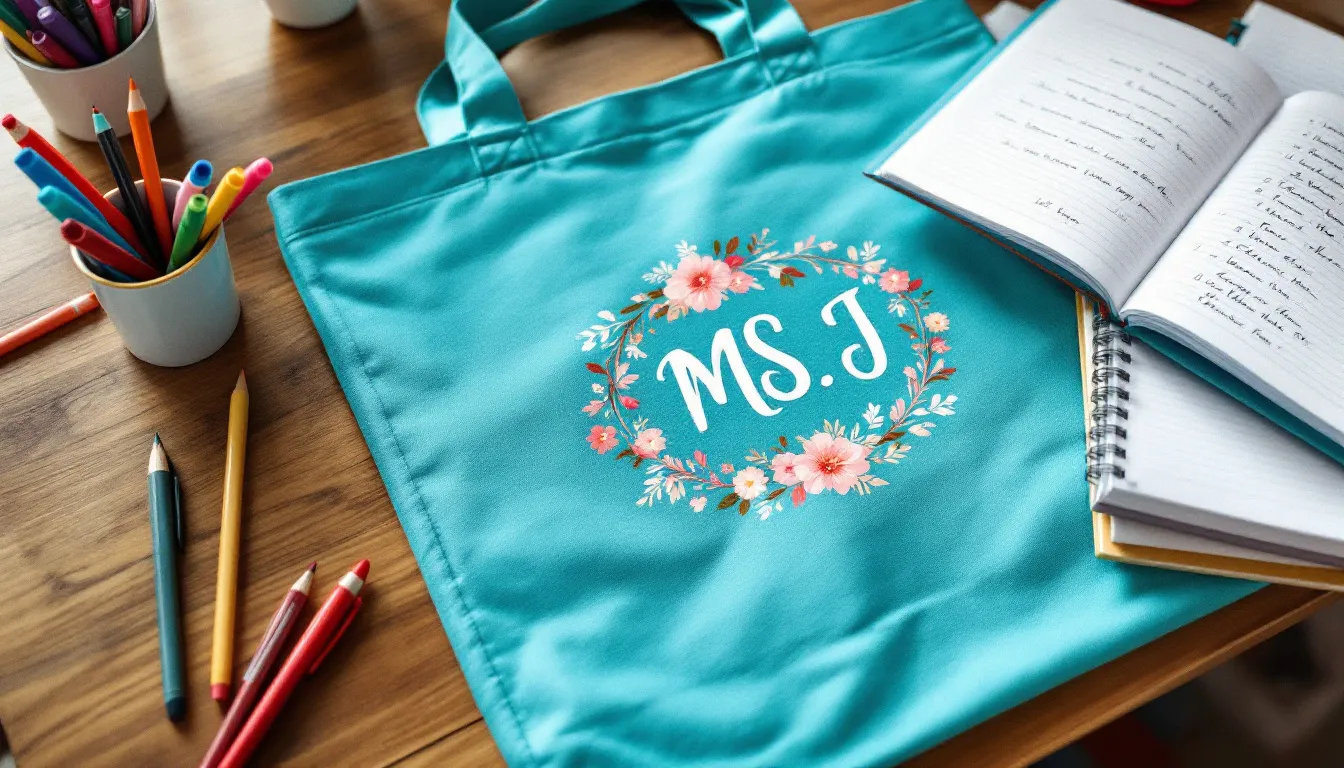 A close-up image shows a monogrammed tote bag resting on a teacher's desk, filled with school supplies like colorful pens, neatly stacked notebooks, and a planner, highlighting thoughtful teacher appreciation gifts for the school year. The scene captures the essence of a classroom setting, perfect for celebrating educators and their hard work.