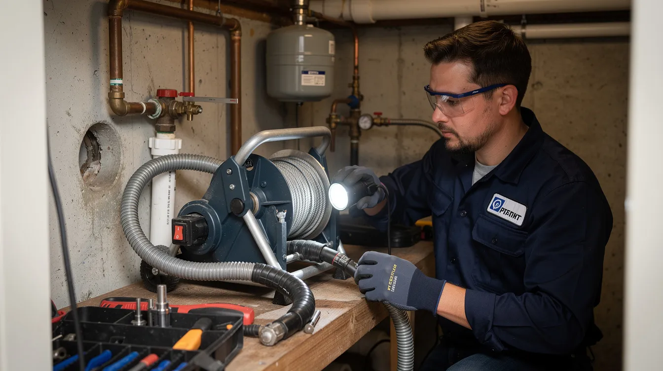 A professional plumber is seen in a close-up, using specialized pipe cleaning equipment to address plumbing issues in a residential utility area. The plumber's focused expression highlights the importance of efficient drain cleaning services, essential for maintaining a healthy plumbing system in homes around Phoenix, AZ.