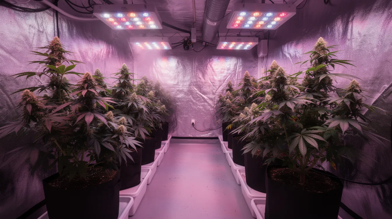 The image depicts an indoor cannabis growing room filled with multiple pineapple express plants arranged in neat rows, illuminated by vibrant purple LED grow lights. This sativa dominant hybrid strain is known for its sweet and tropical taste, with dense buds that offer uplifting and energetic effects, making it popular among cannabis enthusiasts and medical marijuana patients alike.