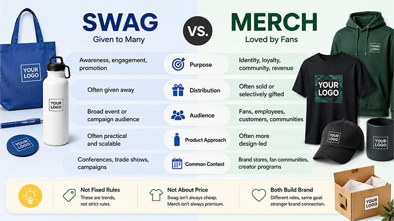Swag vs merch comparison by purpose, distribution, audience, product approach, and common business use