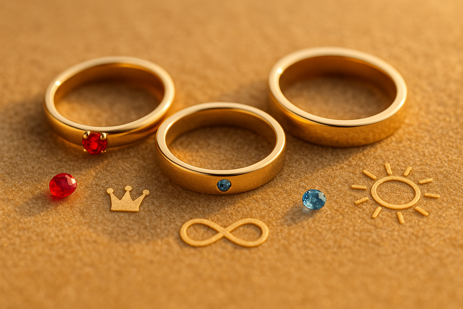 Vestuvinių žiedų kompozicija su simboliniais elementais – rubinu, mėlynu deimantu ir karūnos siluetu