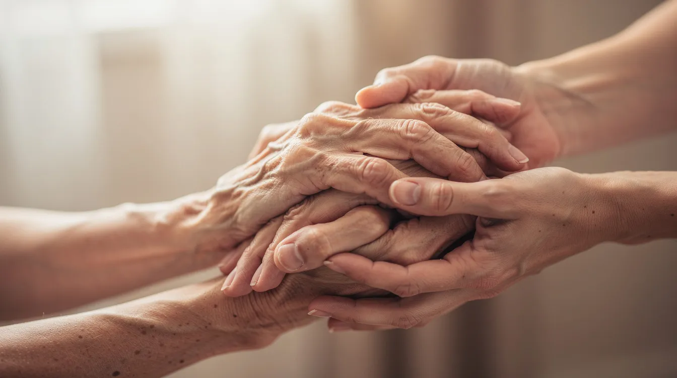 The image depicts a younger person's hands gently holding the hands of an elderly individual, symbolizing comfort and care. This tender gesture highlights the importance of quality care and compassion for nursing home residents, reminding us of the need to address issues like nursing home neglect and elder abuse.