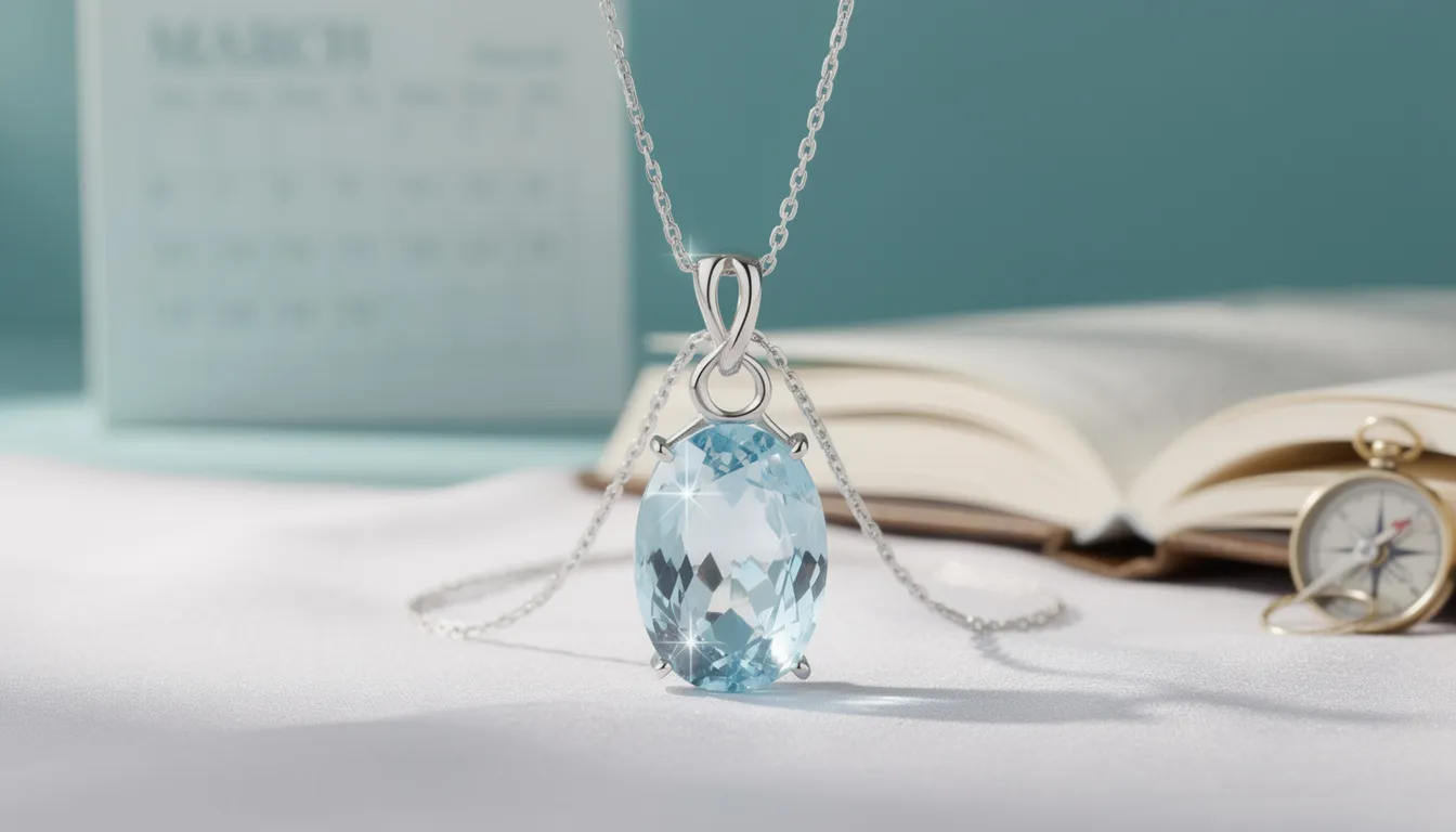 The image features a stunning pair of aquamarine earrings, designed as elegant drop earrings set in yellow gold, showcasing the beautiful blue-green color of the gemstones. This jewellery piece symbolizes harmony and connection, making it a perfect gift for March birthdays or special milestones.